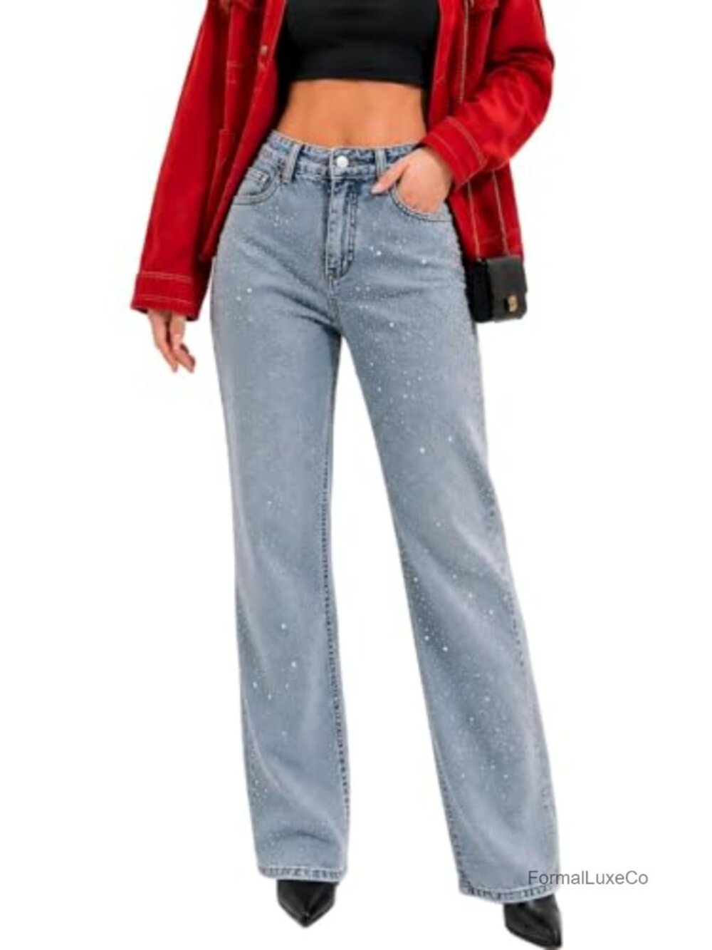 Rhinestone Pearl High Waist Straight Leg Stretch Denim Jeans Y2K Party Pants